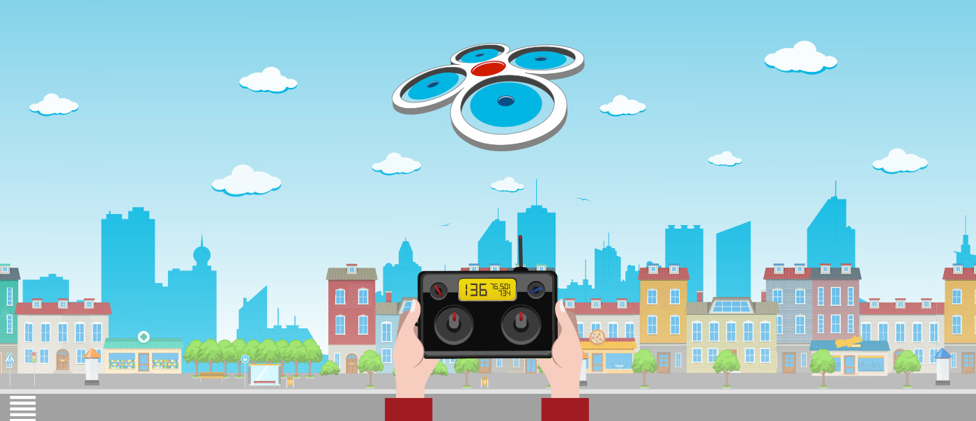 Illustrated drone and controller against city-scape