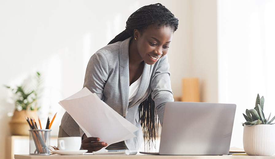 Woman working at computer.