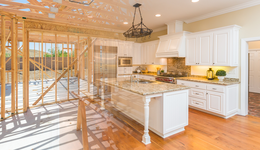 split screen showing unfinished then finished kitchen