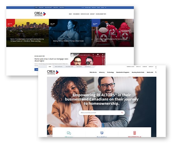 Side by side of old and new CREA.ca websites.