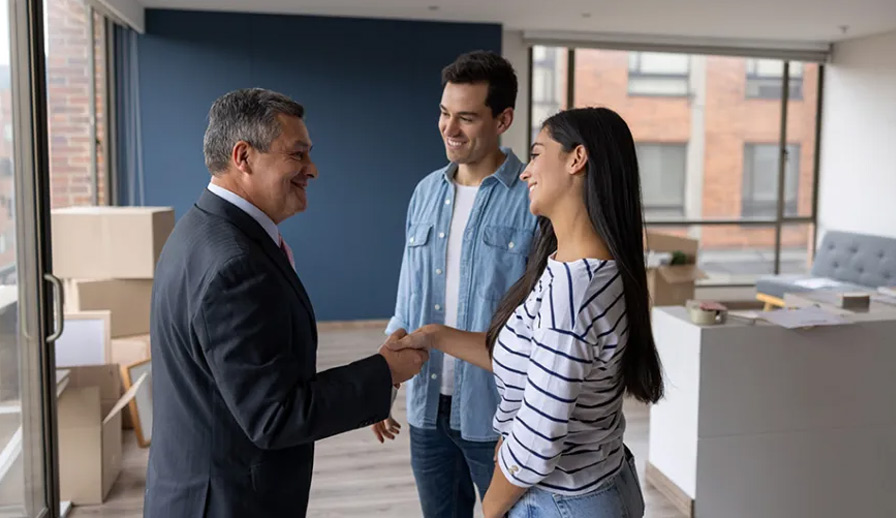 Three people talking, two shaking hands. 