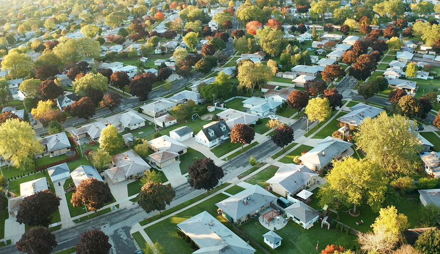 Overhead view of a neighbourhood.