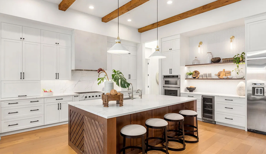 Modern white and teak kitchen.