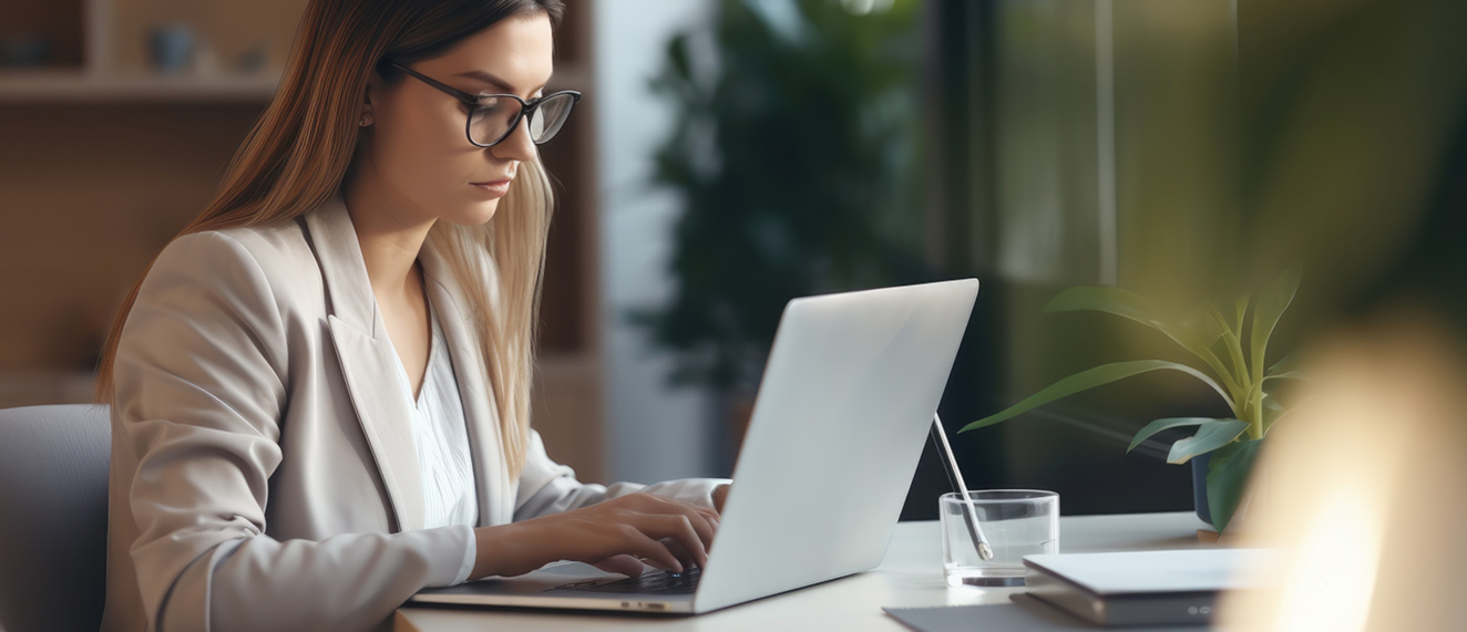 Woman typing on a laptop.