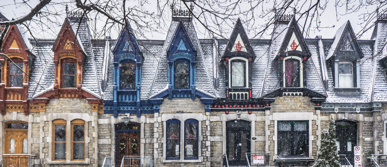 Row of city houses covered in snow.